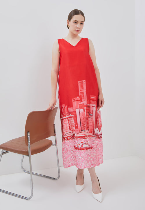 SINGAPORE SKYLINE Red Maxi Dress