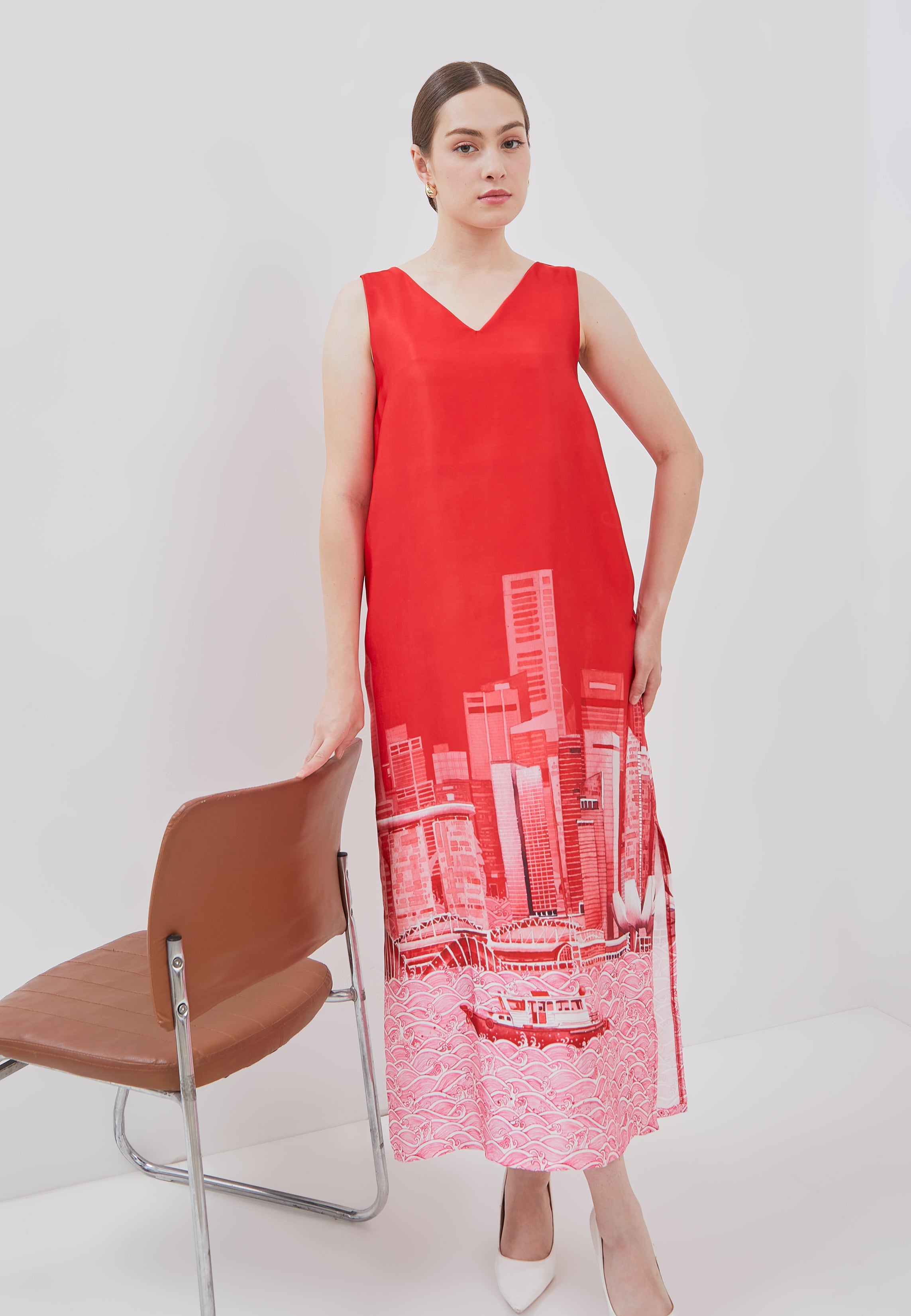 SINGAPORE SKYLINE Red Maxi Dress