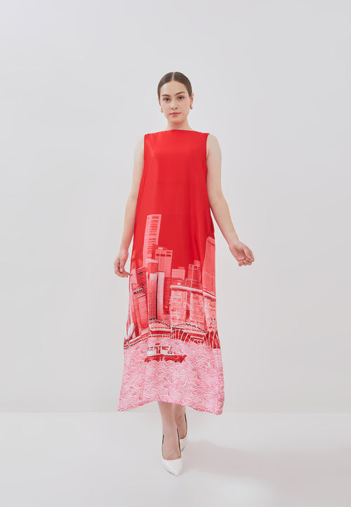 SINGAPORE SKYLINE Red Maxi Dress