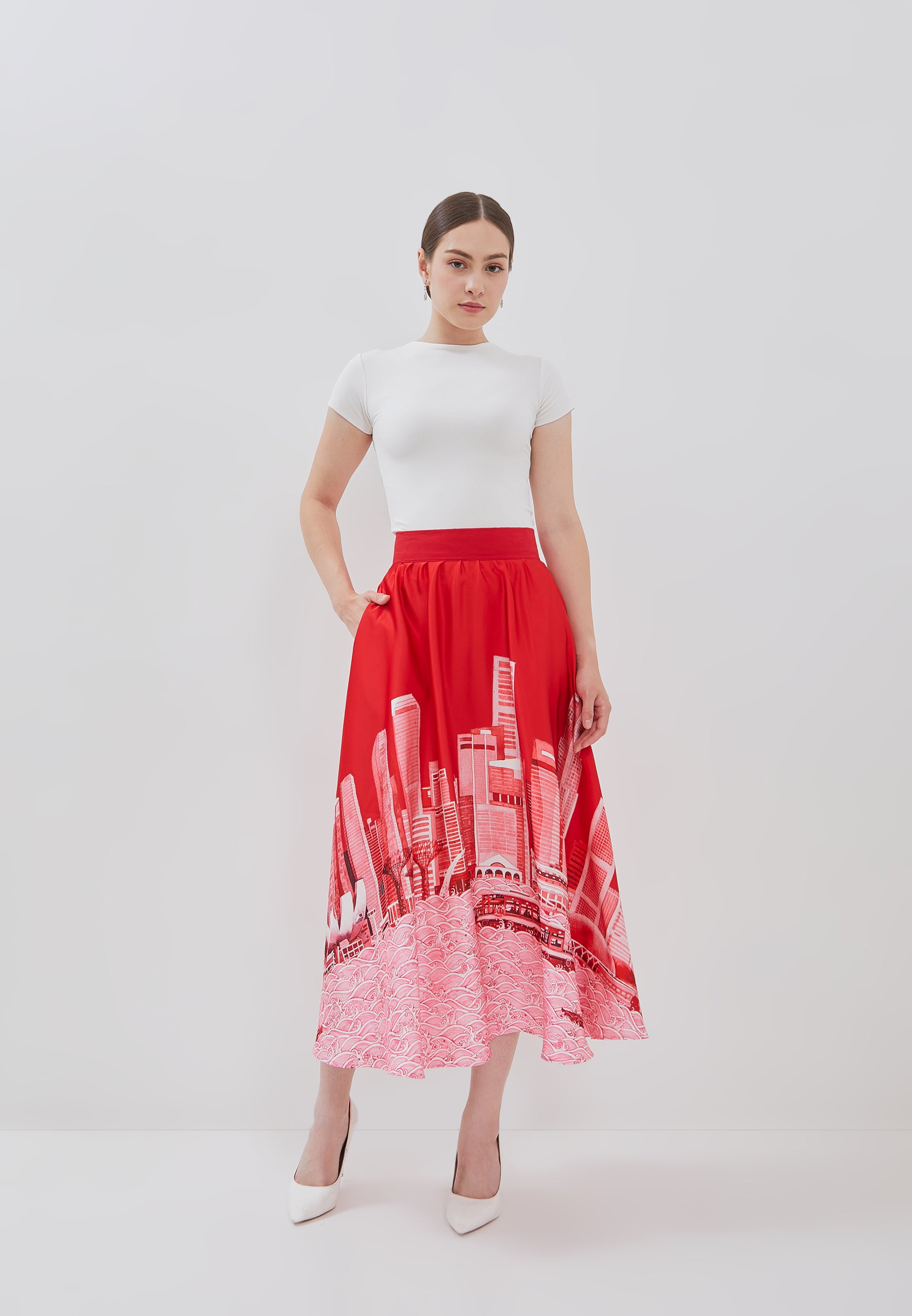 SINGAPORE SKYLINE Red Circle Skirt
