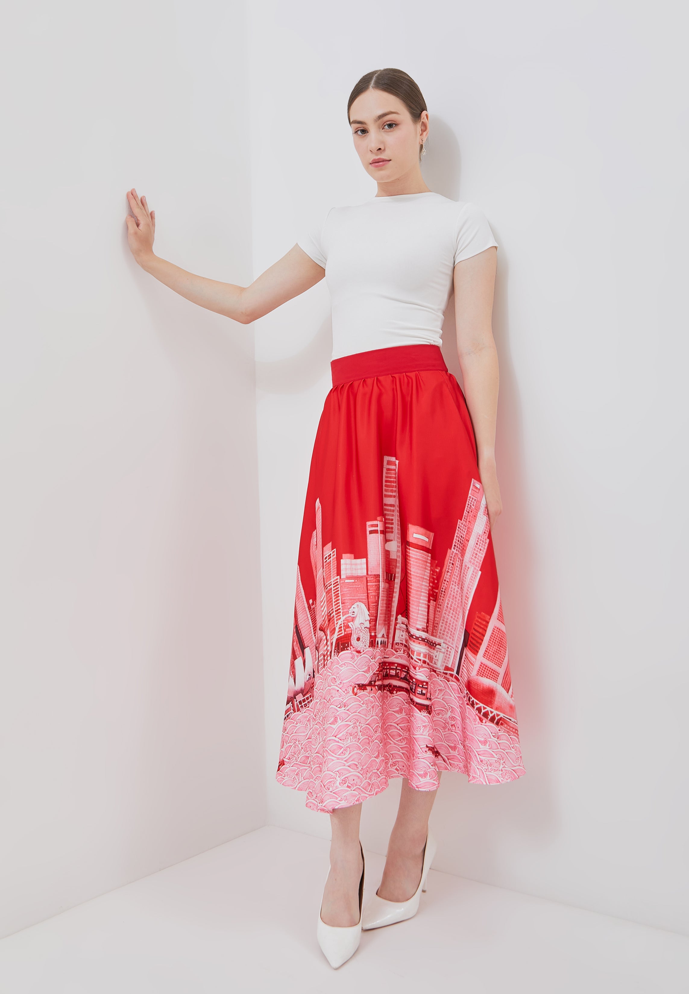 SINGAPORE SKYLINE Red Circle Skirt