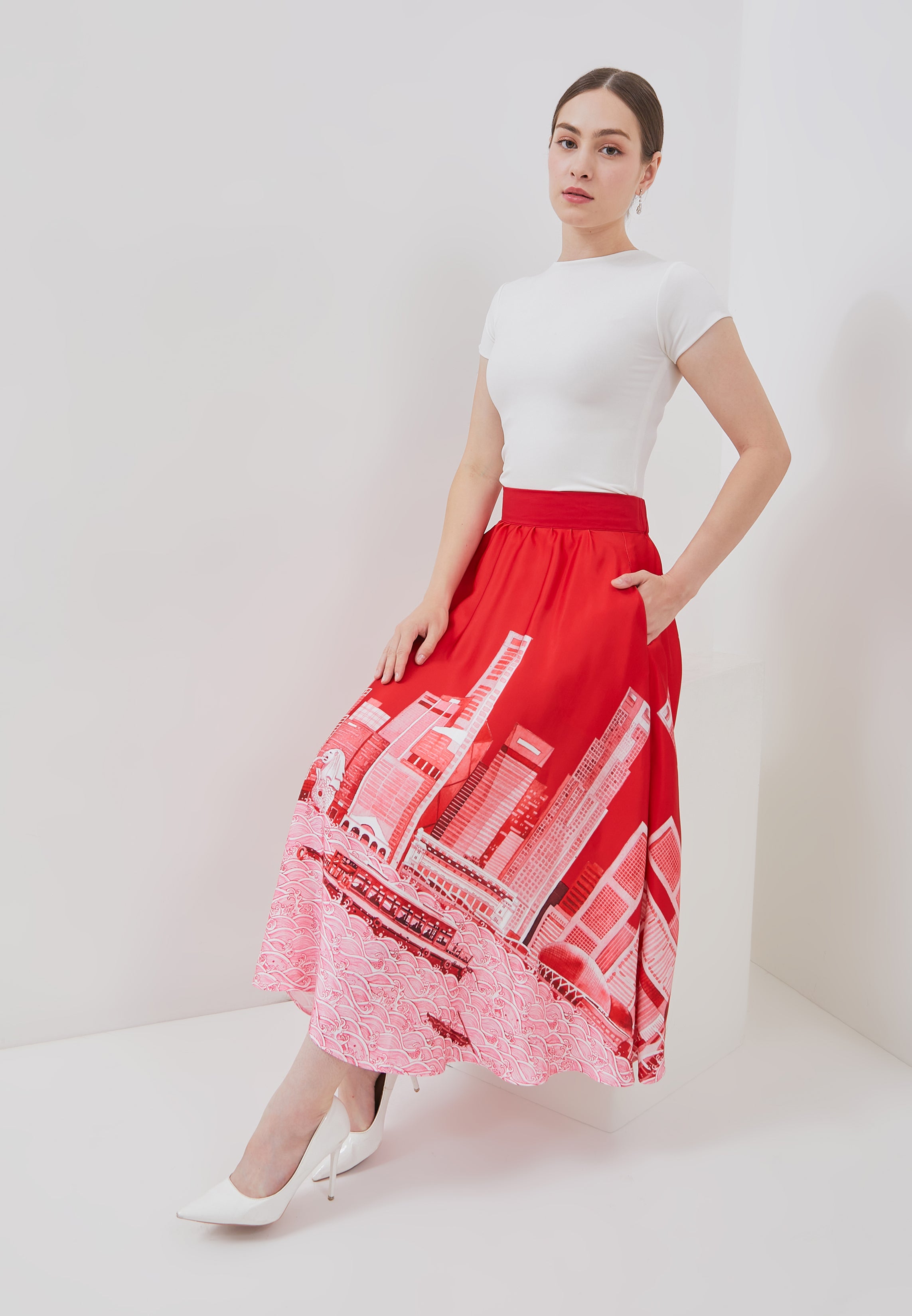 SINGAPORE SKYLINE Red Circle Skirt