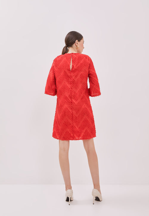 3D Tenun Red Shift dress with sleeve