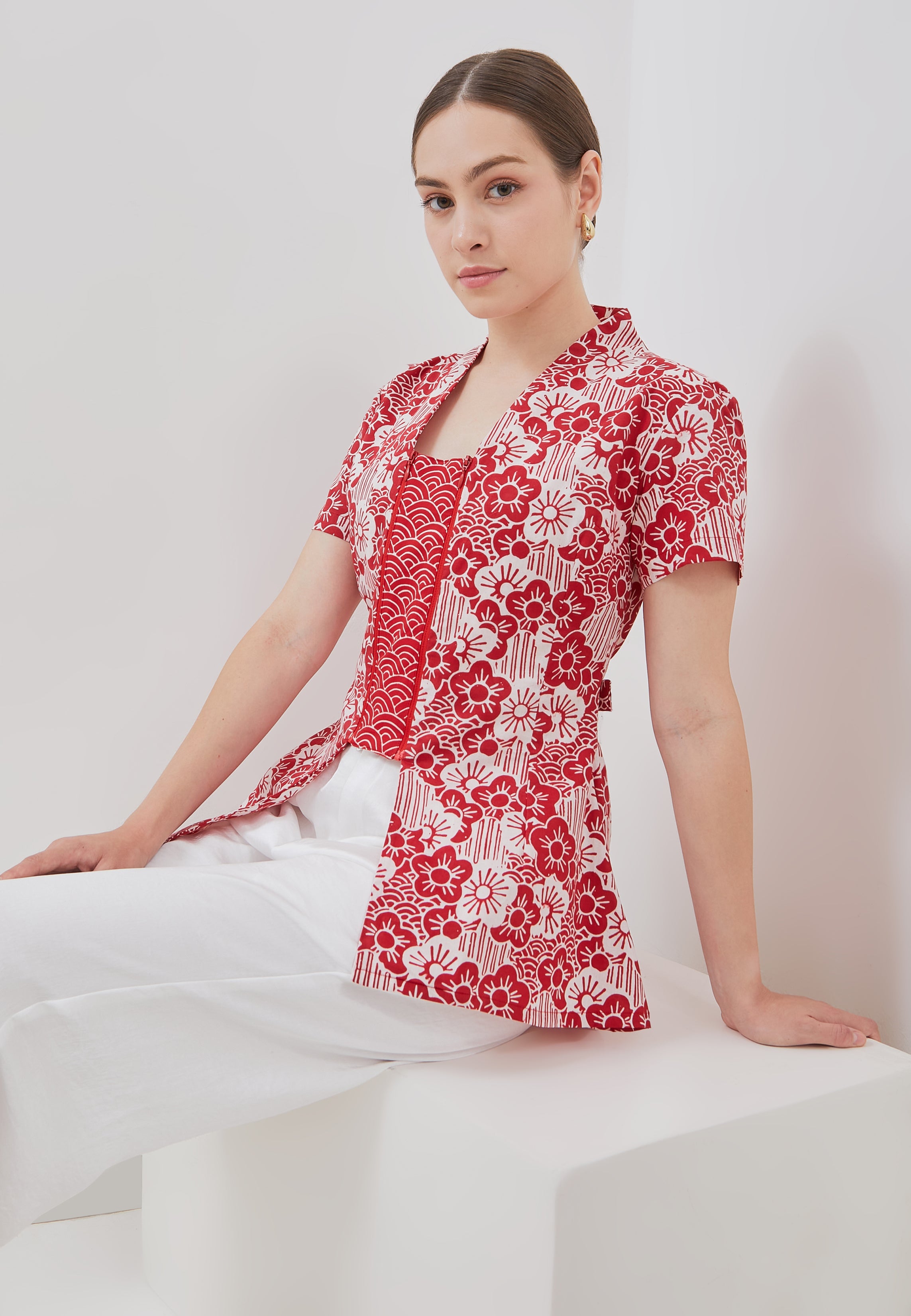 BANGKIT Red Batik Kebaya Peplum Top