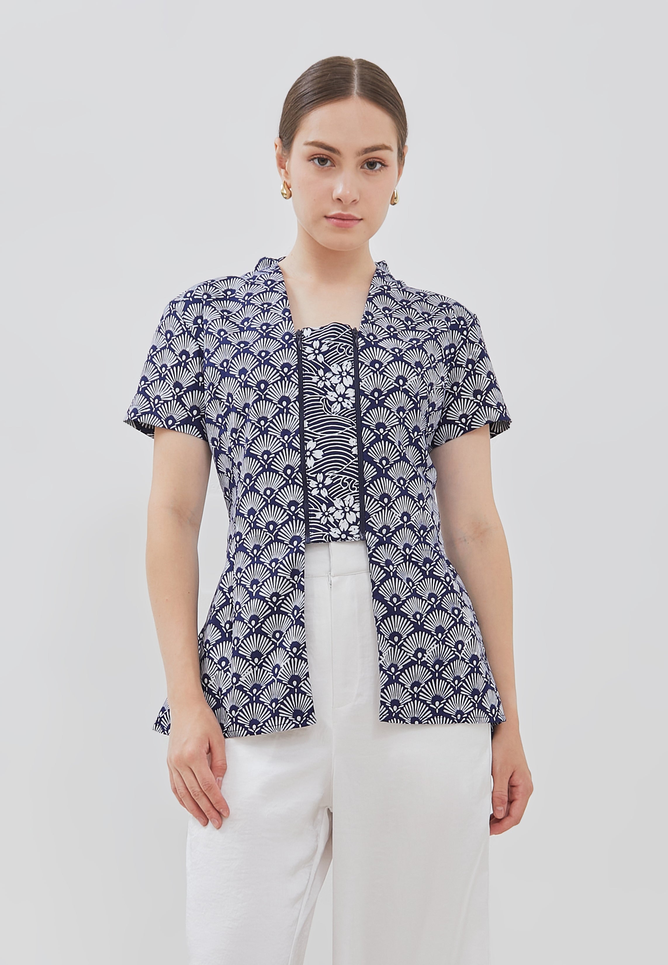 PEACOCK Navy Batik Kebaya Peplum Top