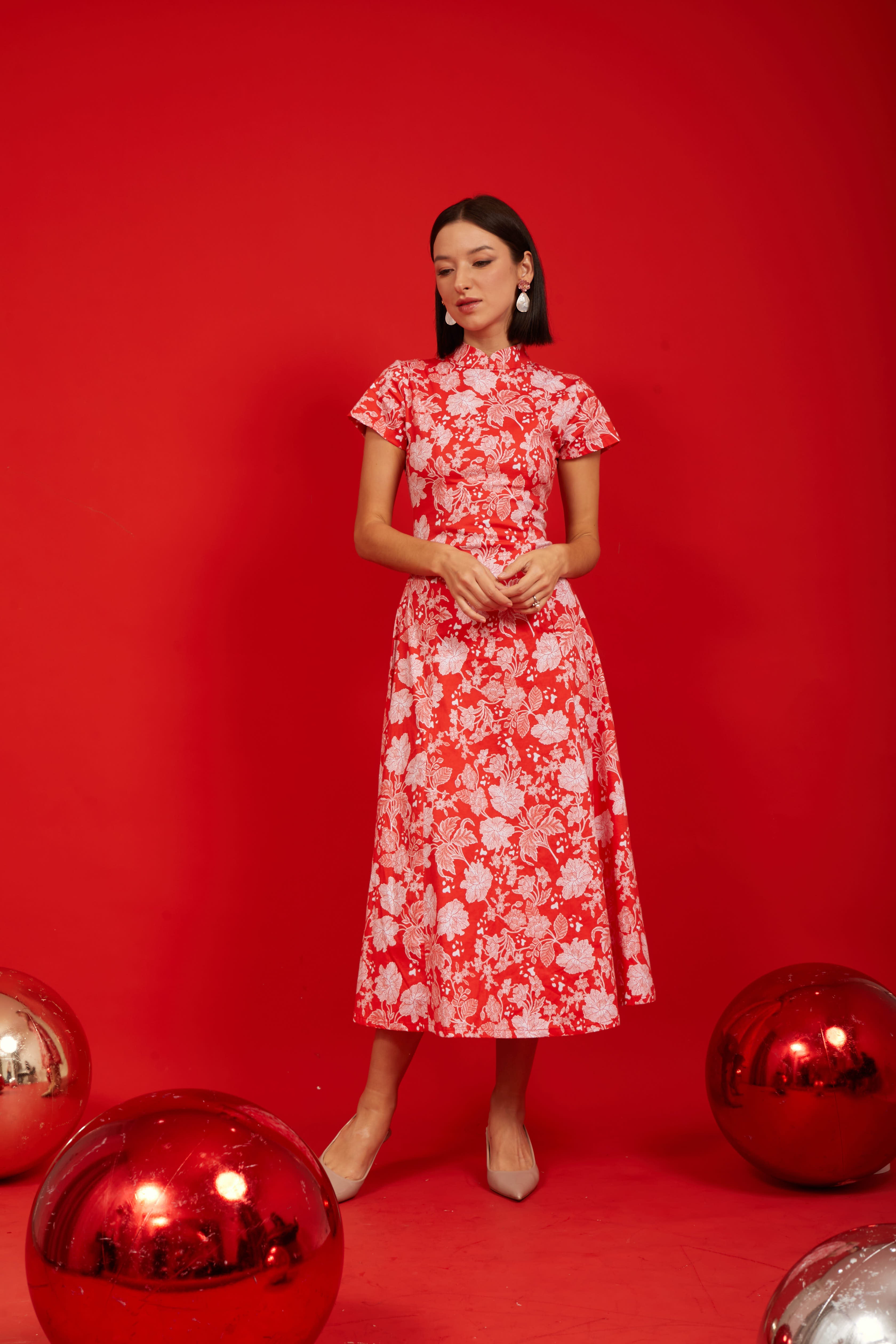 PERANAKAN PAWS Red Maxi Cheongsam Dress