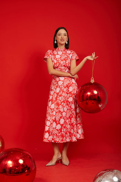 PERANAKAN PAWS Red Maxi Cheongsam Dress