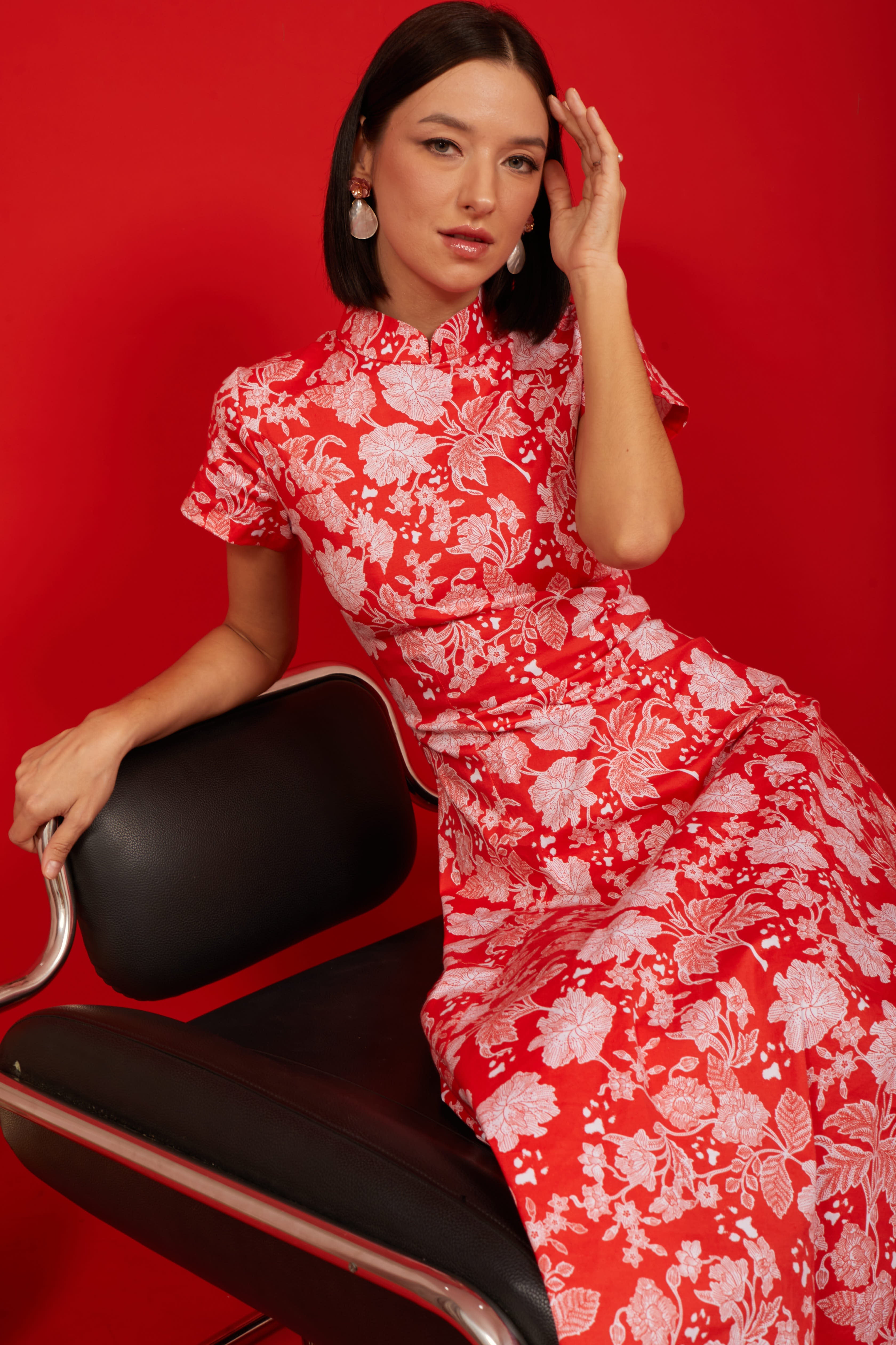 PERANAKAN PAWS Red Maxi Cheongsam Dress