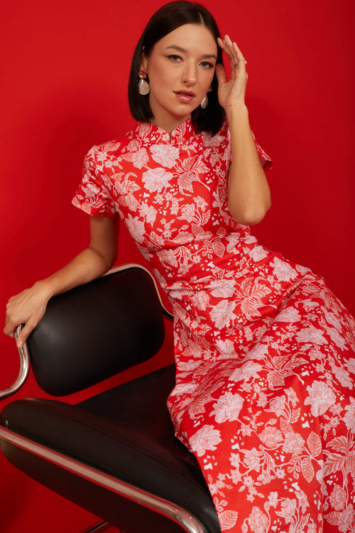 PERANAKAN PAWS Red Maxi Cheongsam Dress