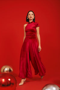 VELVET Red Asymmetrical Cheongsam Top