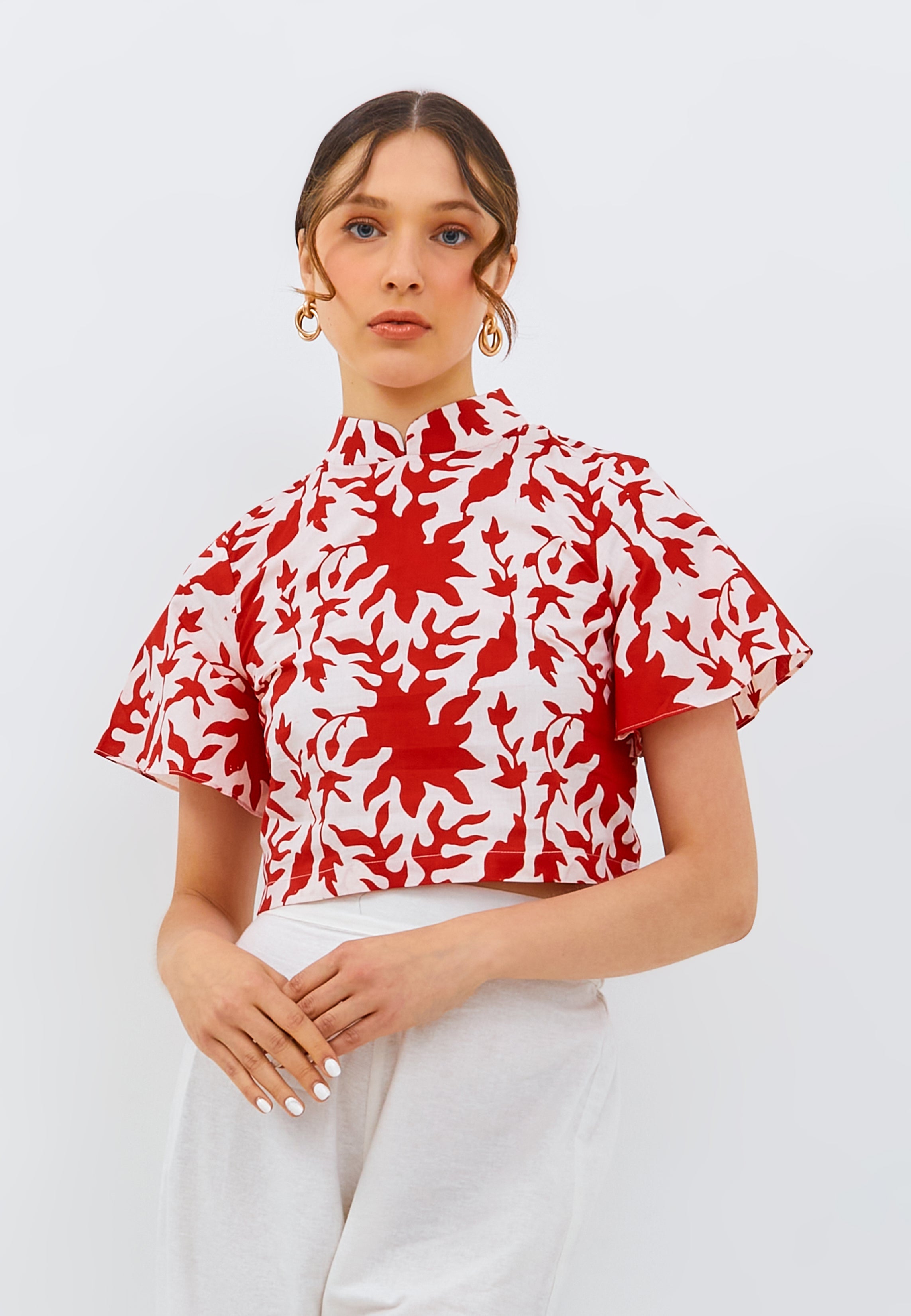 FOLIAGE Red Sleeve Crop Top
