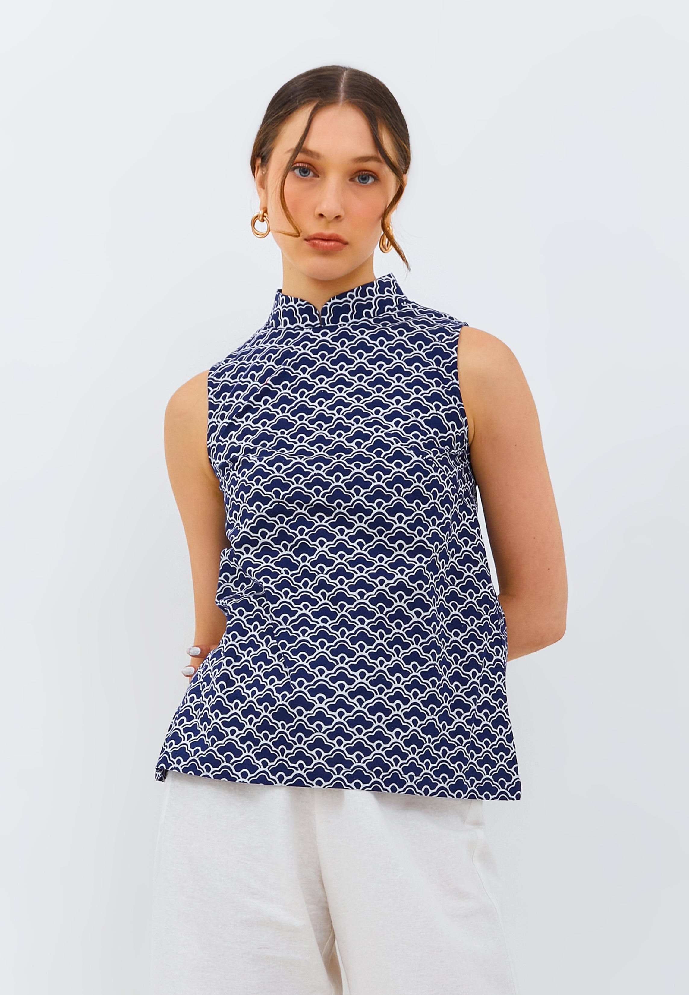 CLOUD Navy Batik Cheongsam Top