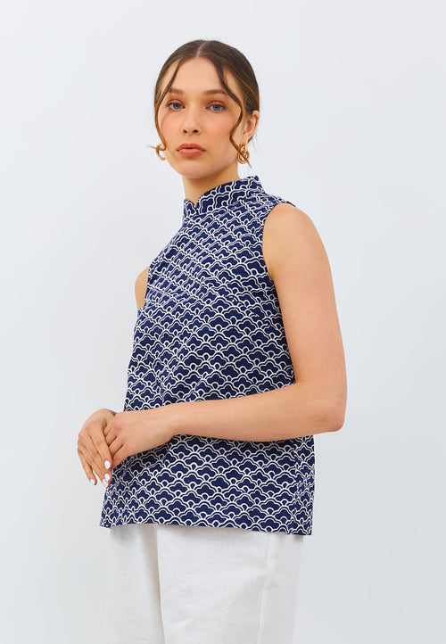 CLOUD Navy Batik Cheongsam Top