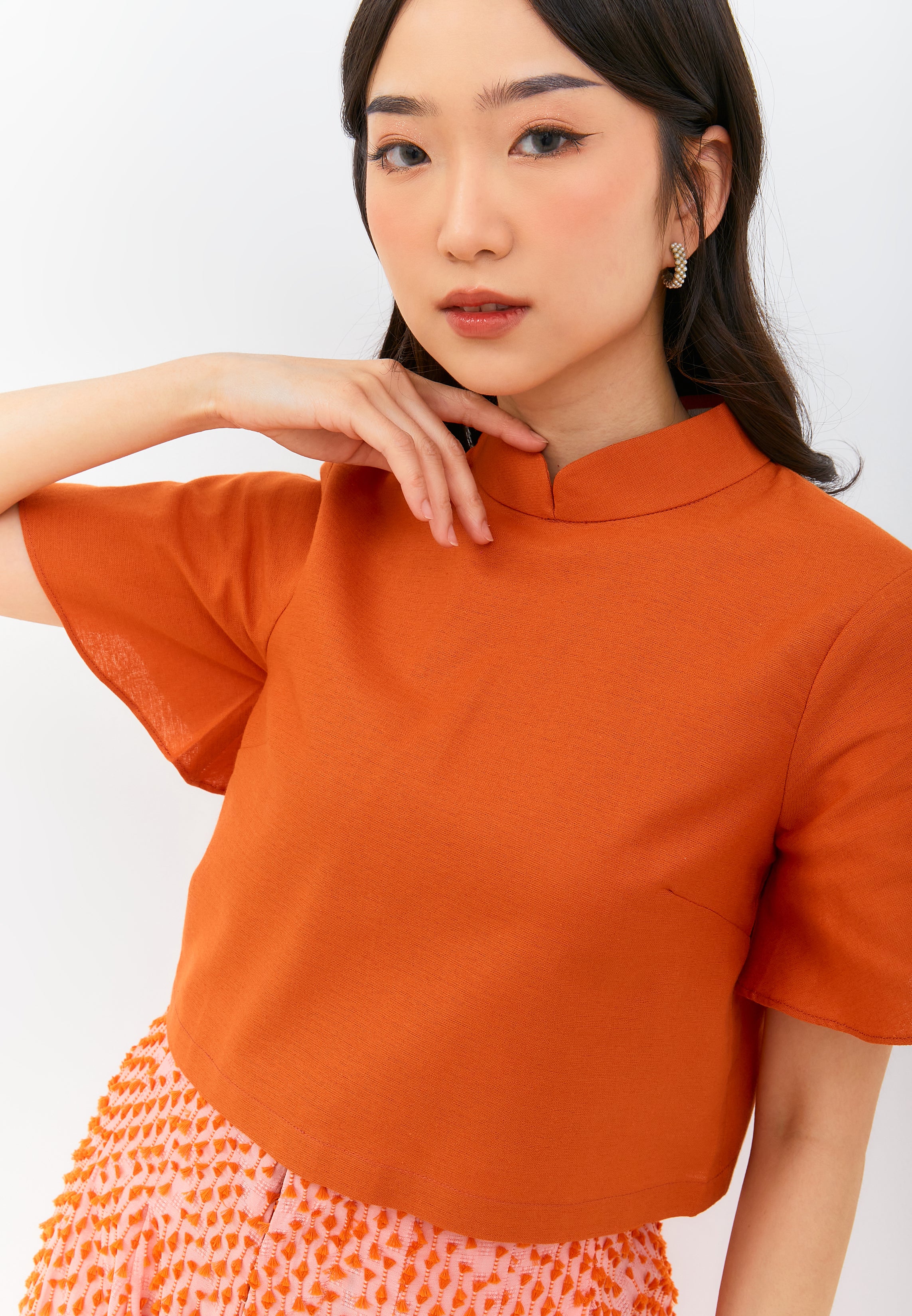 Linen Orange Sleeve Crop Top