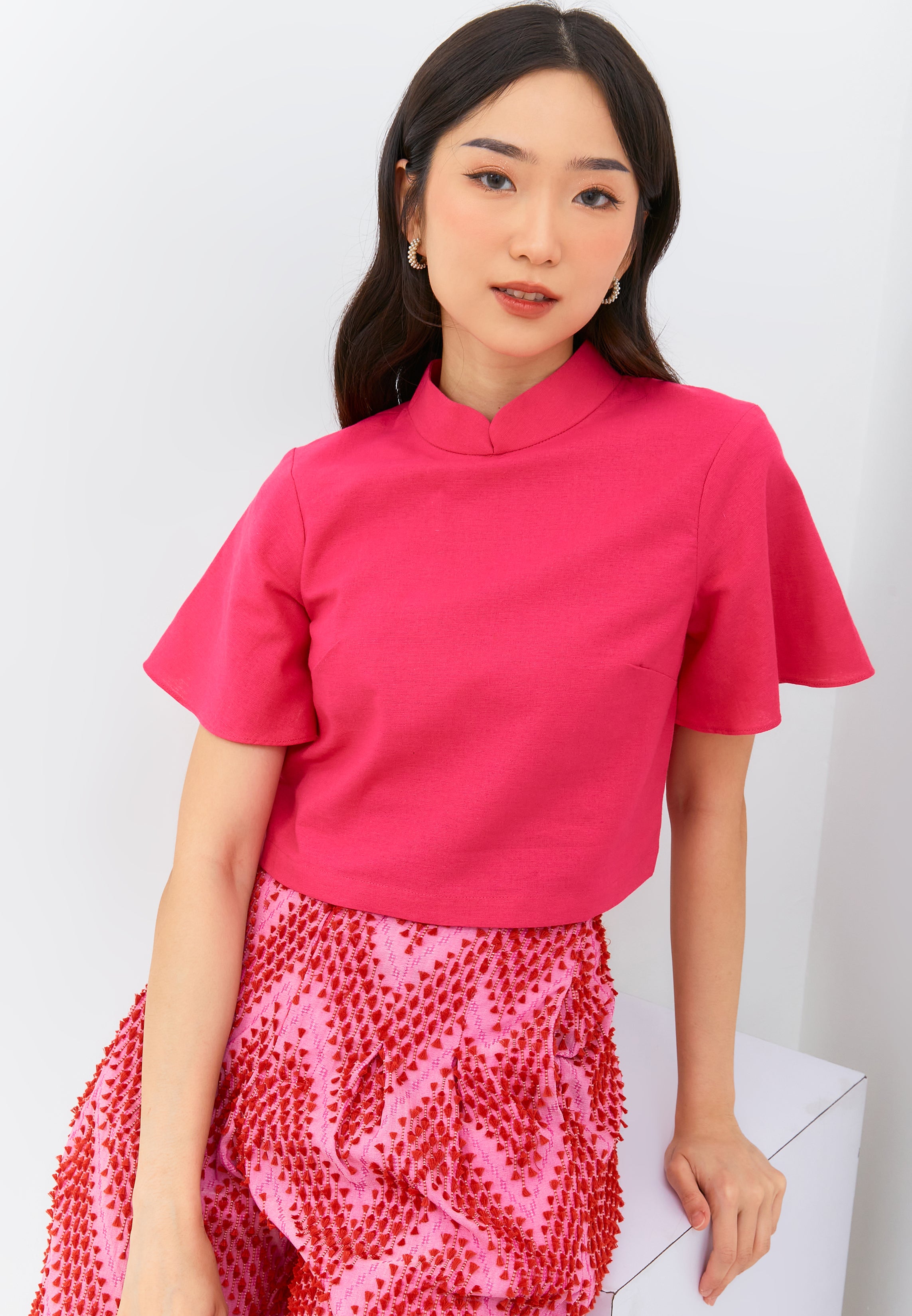 Fuchsia Sleeve Crop Top