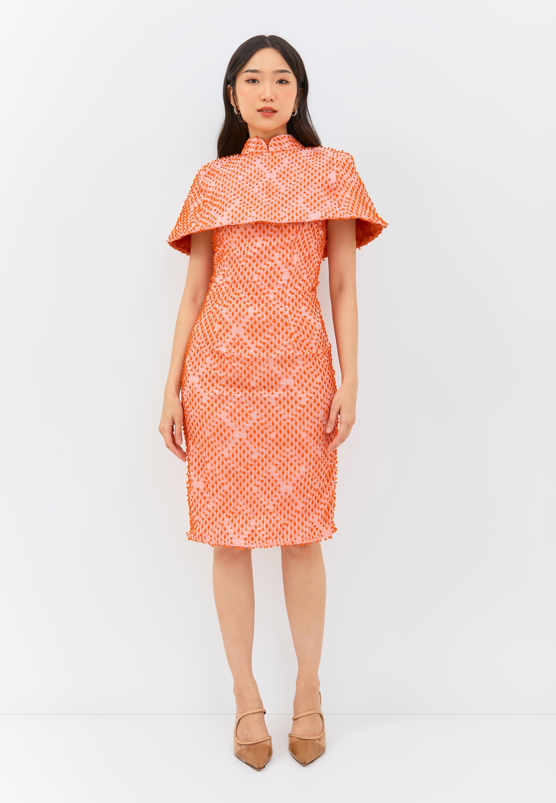 3D Tenun Orange Cheongsam Dress