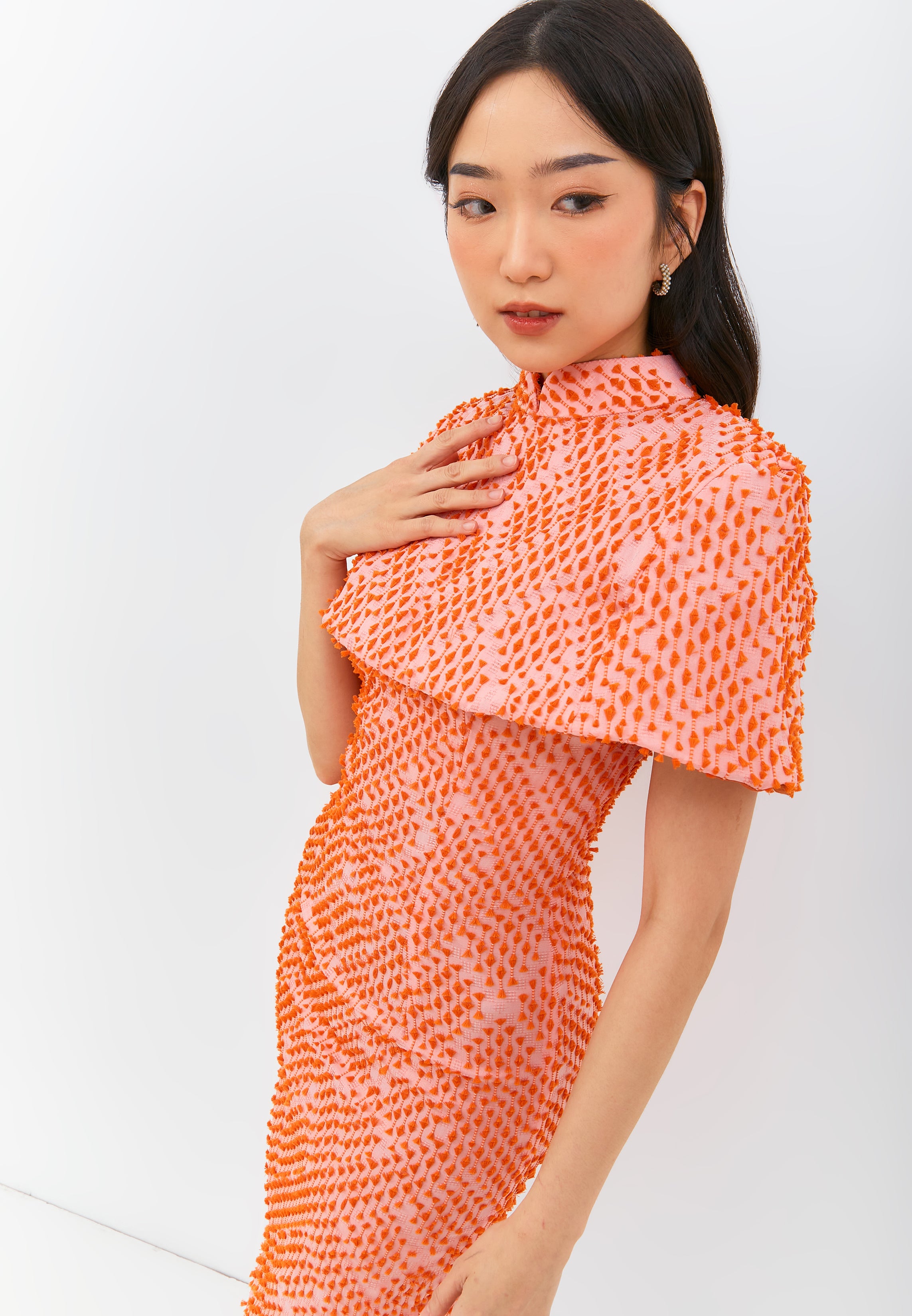 3D Tenun Orange Cheongsam Dress