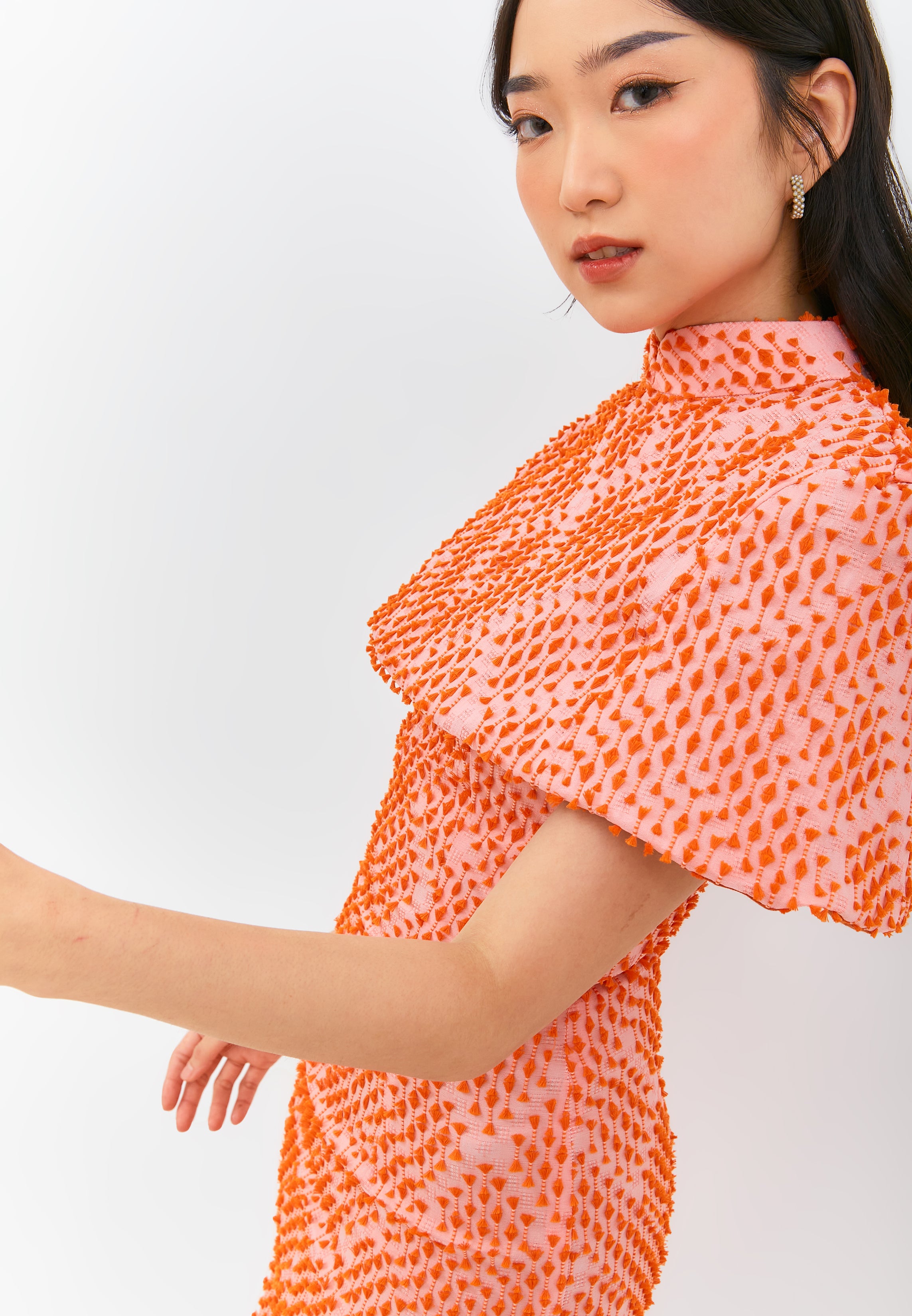 3D Tenun Orange Cheongsam Dress