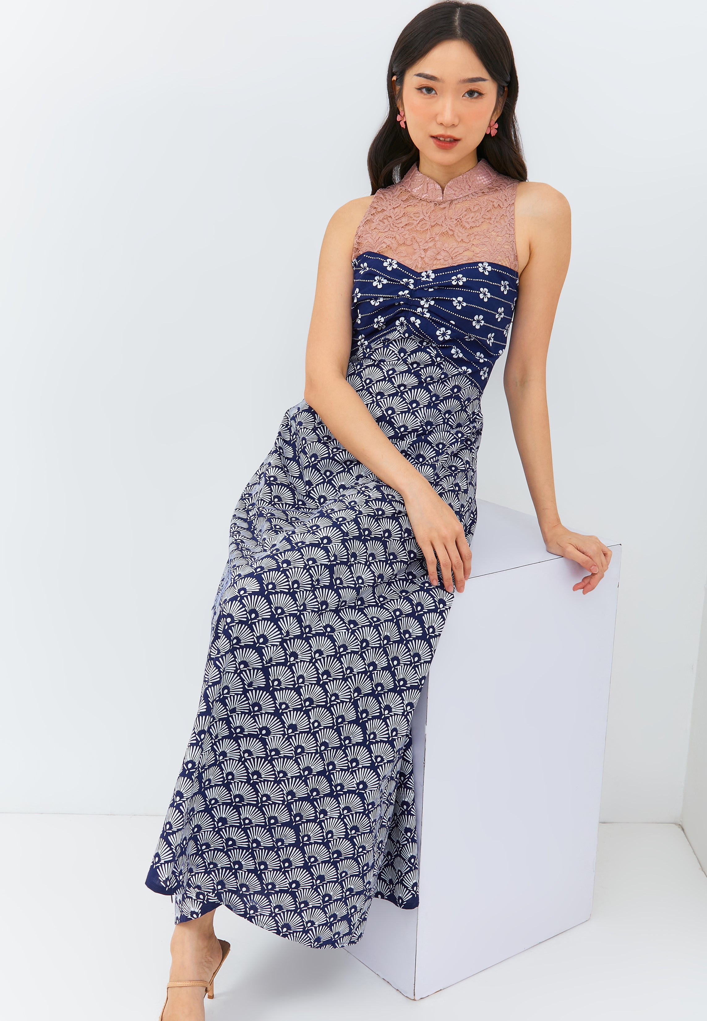 PEACOCK Navy Lace Halter Dress