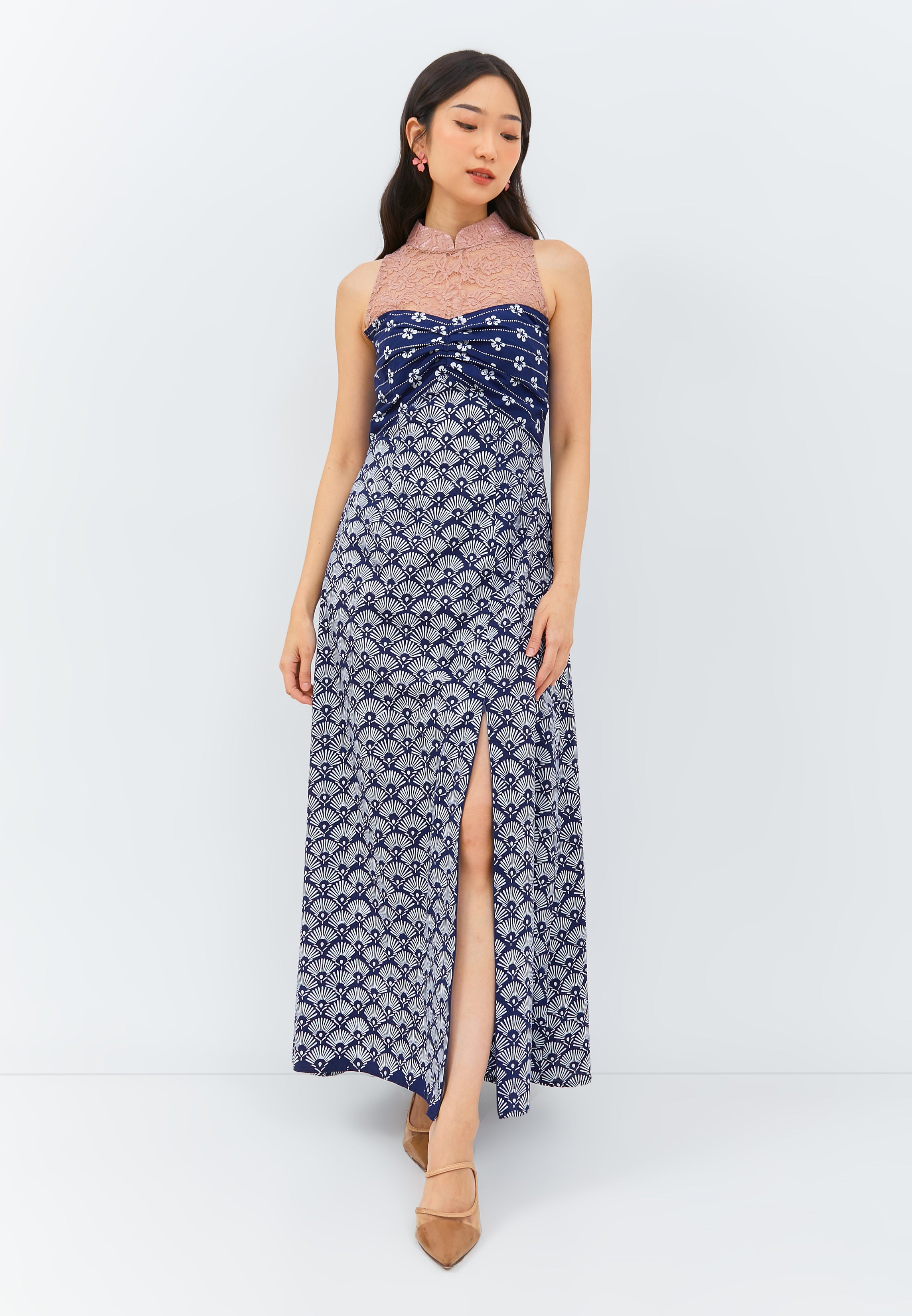 PEACOCK Navy Lace Halter Dress