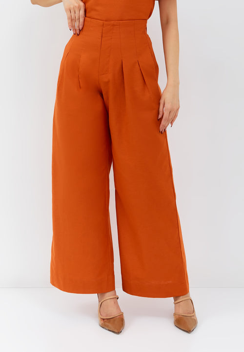 Linen Orange High Waist Pants Maxi