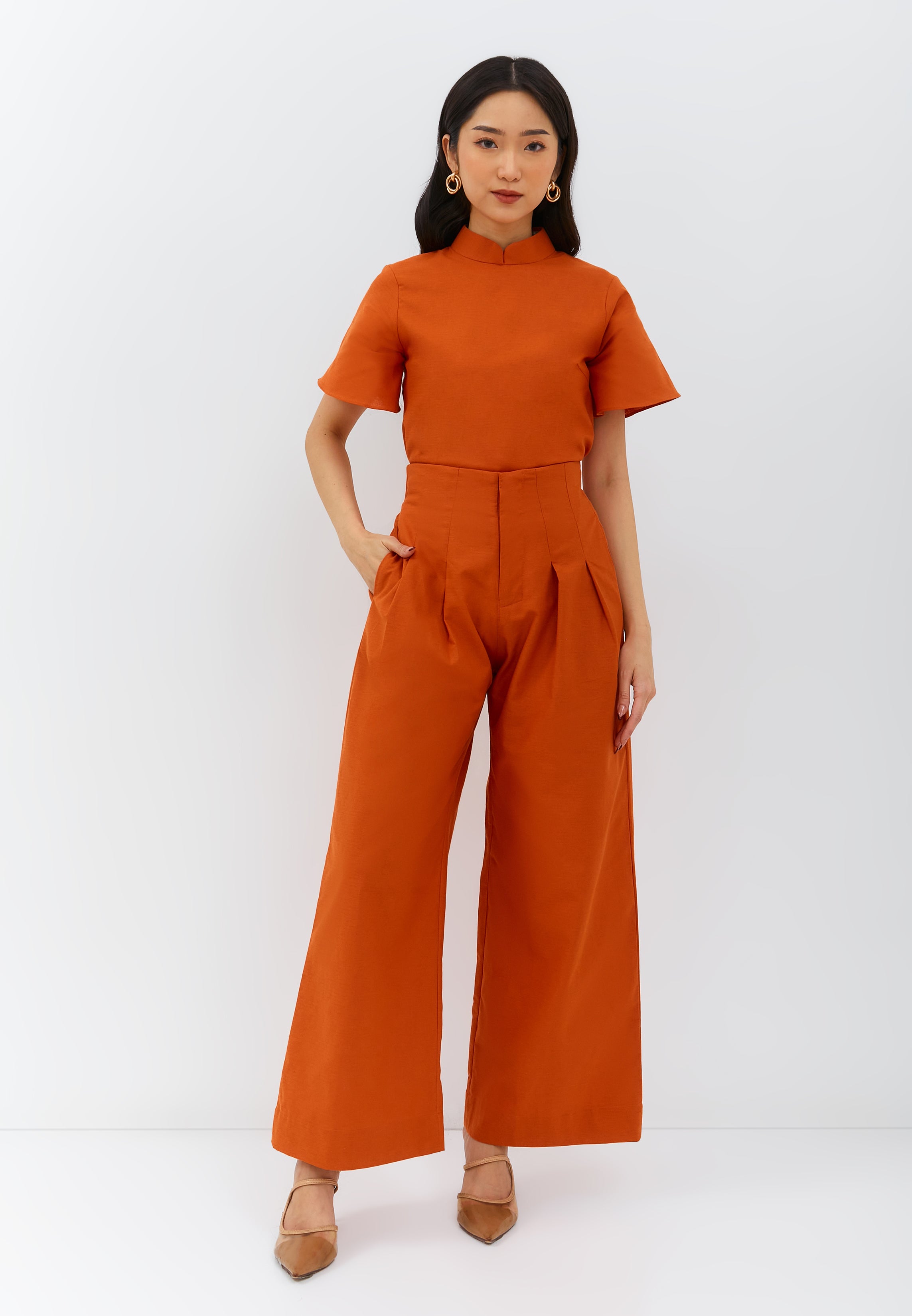 Linen Orange High Waist Pants Maxi