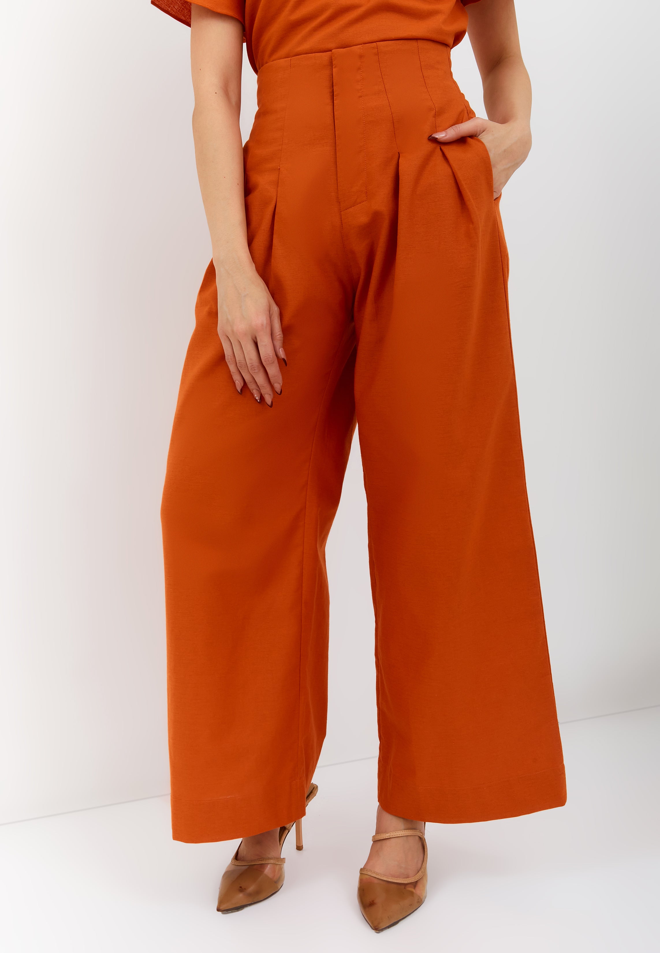 Linen Orange High Waist Pants Maxi