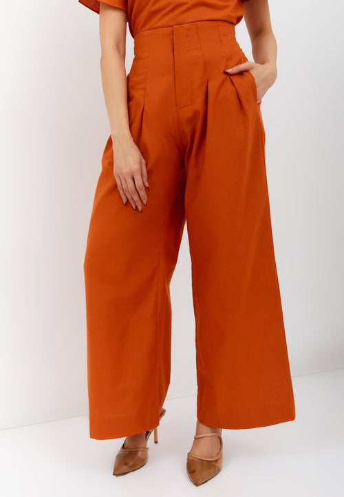 Linen Orange High Waist Pants Maxi
