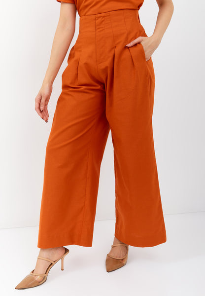 Linen Orange High Waist Pants Maxi