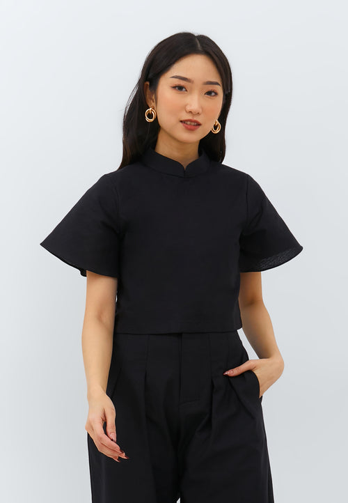 Linen Black Sleeve Crop Top