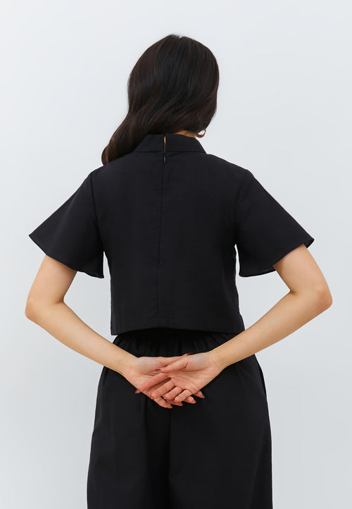 Linen Black Sleeve Crop Top