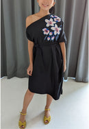 CHERRY BLOSSOM Embroidery Black Toga Dress