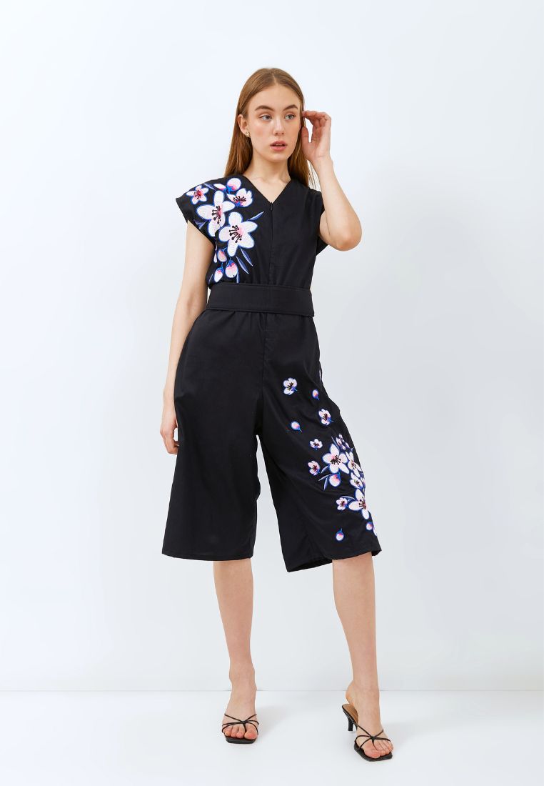 CHERRY BLOSSOM Embroidery Black Jumpsuit