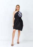 CHERRY BLOSSOM Embroidery Black Toga Dress