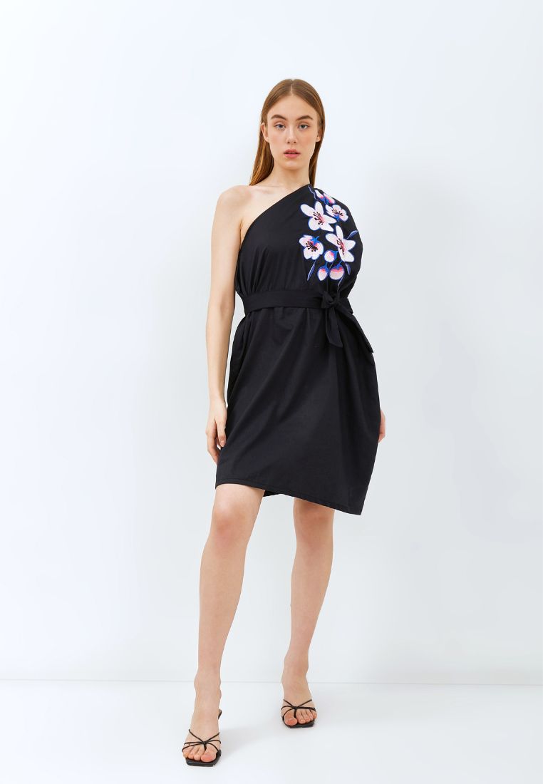CHERRY BLOSSOM Embroidery Black Toga Dress