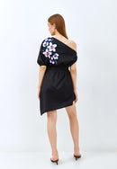 CHERRY BLOSSOM Embroidery Black Toga Dress