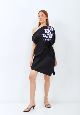 CHERRY BLOSSOM Embroidery Black Toga Dress