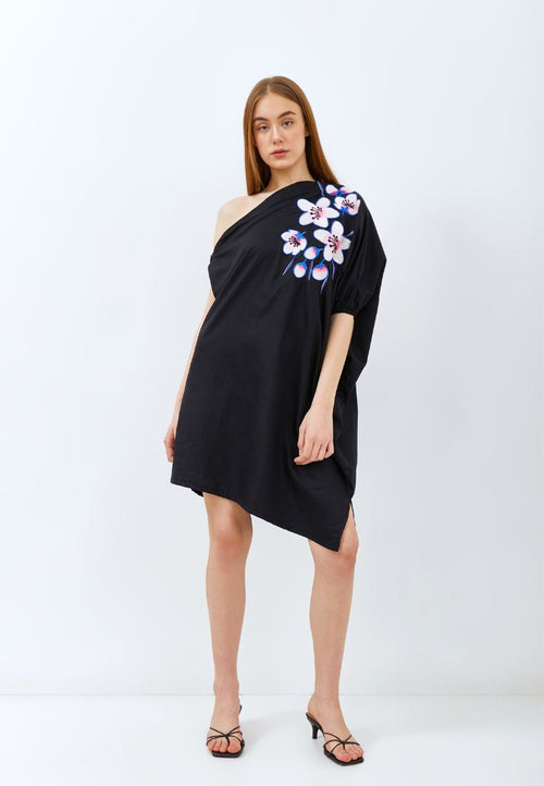 CHERRY BLOSSOM Embroidery Black Toga Dress