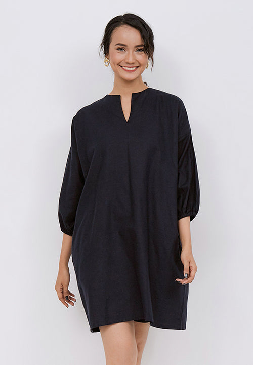 Basic Tunic Dress NAVY In Cotton Linen