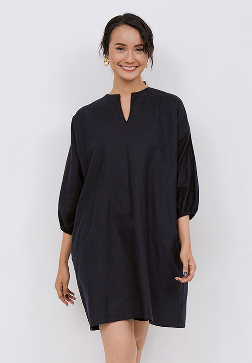 Basic Tunic Dress NAVY In Cotton Linen