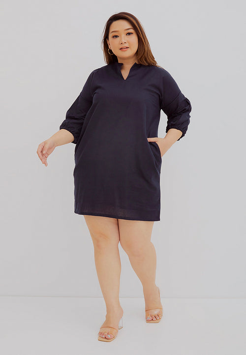 Basic Tunic Dress NAVY In Cotton Linen