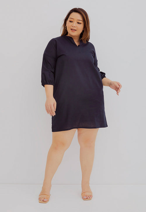 Basic Tunic Dress NAVY In Cotton Linen