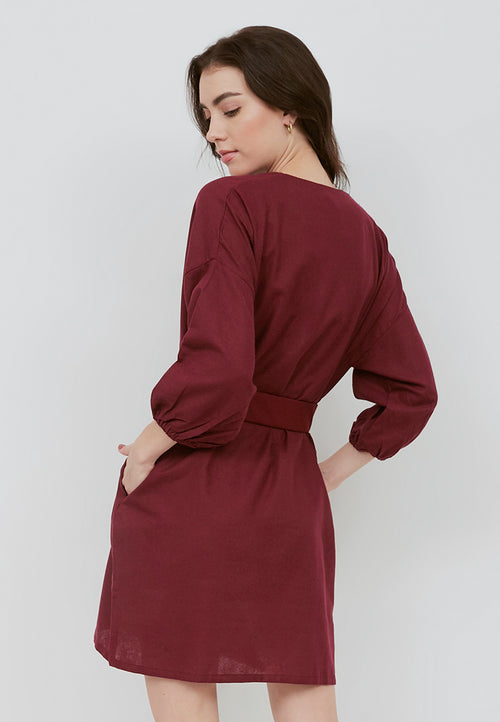 Basic Tunic Dress BURGUNDY In Cotton Linen