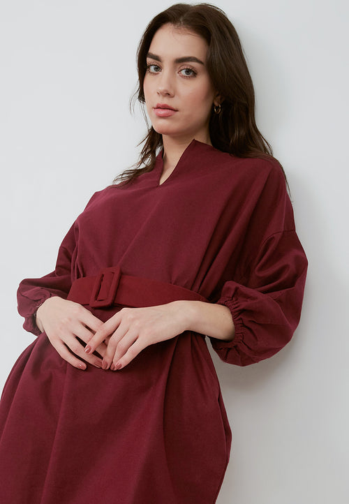 Basic Tunic Dress BURGUNDY In Cotton Linen