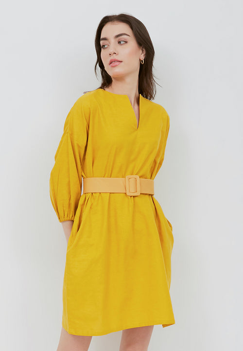 Basic Tunic Dress MUSTARD In Cotton Linen