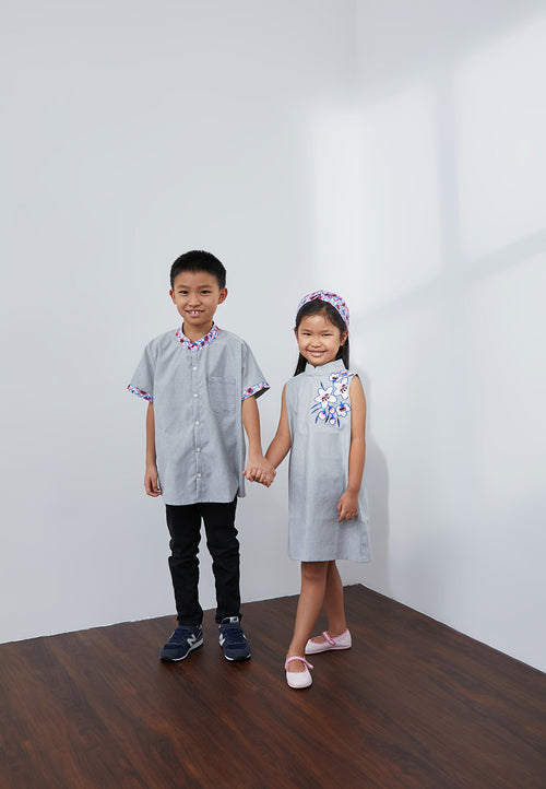 CHERRY BLOSSOM Embroidery Grey Girl Dress