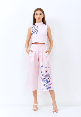 CHERRY BLOSSOM Embroidery Pink High Waist Pants