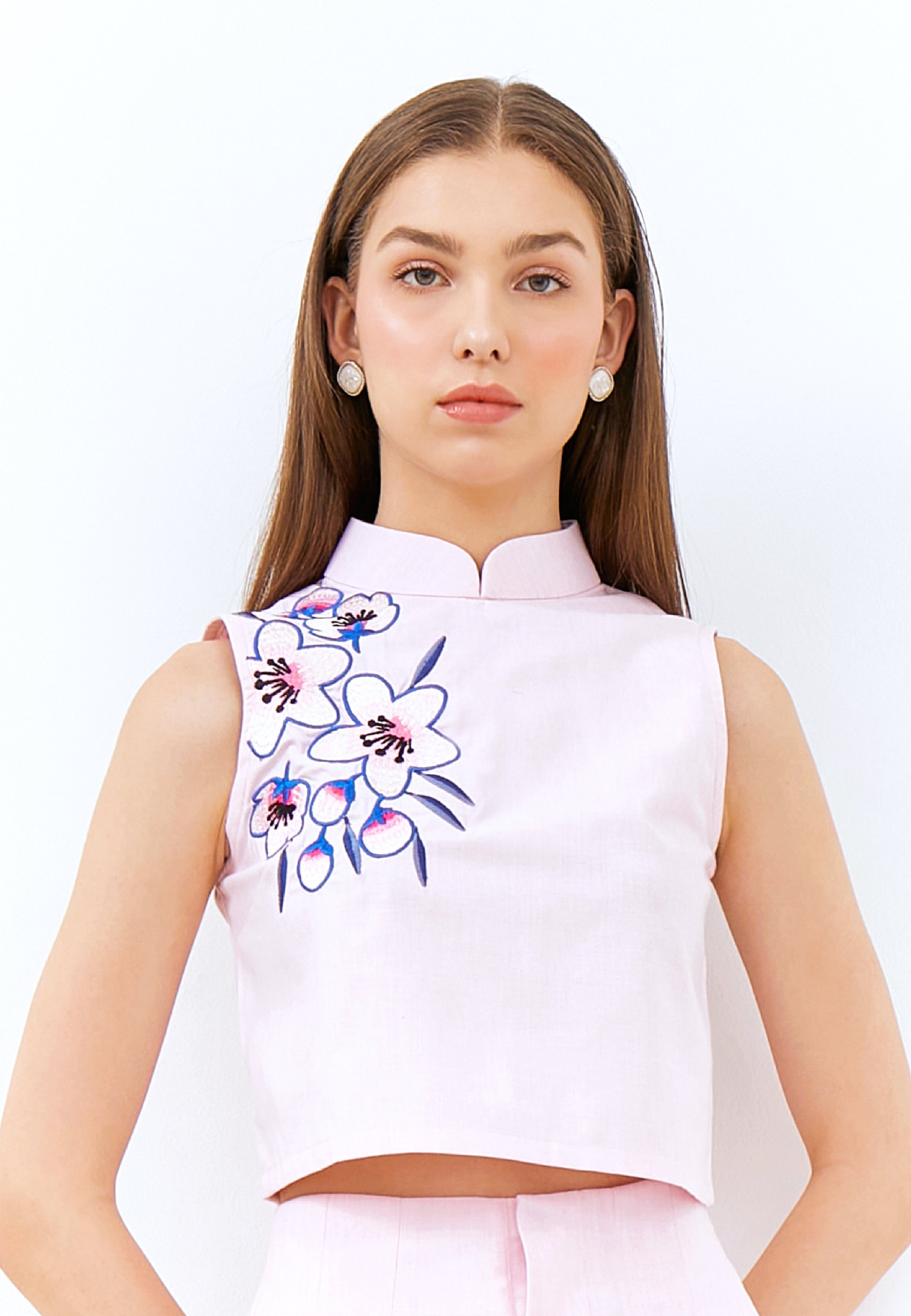 CHERRY BLOSSOM Embroidery Pink Crop Top
