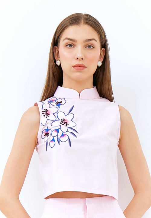 CHERRY BLOSSOM Embroidery Pink Crop Top