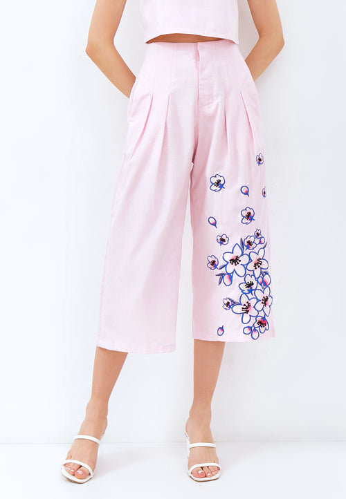 CHERRY BLOSSOM Embroidery Pink High Waist Pants